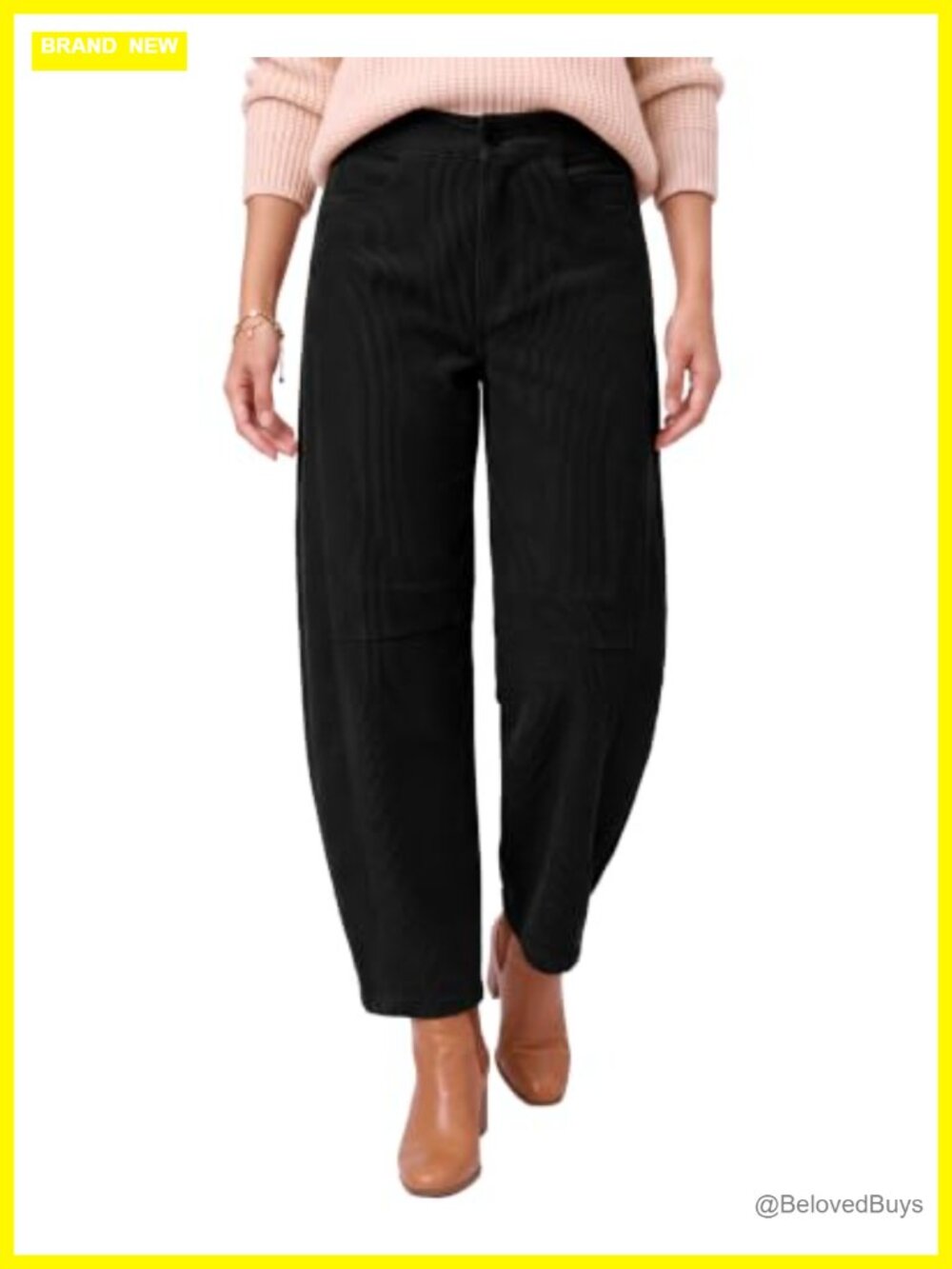 Corduroy Barrel Leg Ankle Pants High Waist Elastic Back Trousers